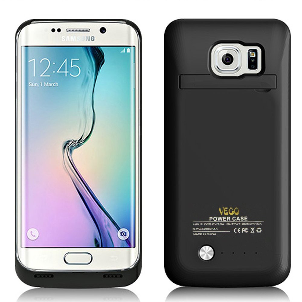 Samsung S6 Edge Battery Case,VEGO 2015 Newest 4200 Mah Backup External Battery Charger Case For Samsung Galaxy S6 Edge Rechargeable Power Bank Case,Portable Backup Power Bank Case with Kickstand - Black