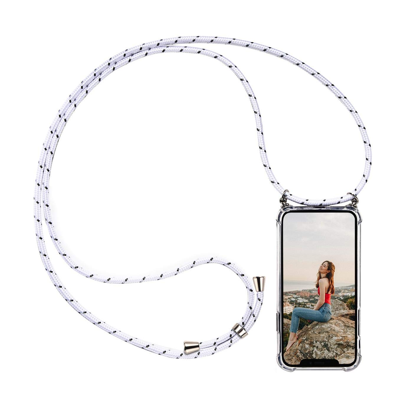 Verco Necklace Case for Huawei P20 Pro, Shockproof Phone Silicone Cover for Huawei P20 Pro Bumper with Neck Cord Rope[Adjustable Length Lanyard], White Silver