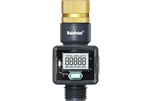 RAINPOINT Water Flow Meter with Brass Inlet, ±5% Accuracy, Max Measured Consumption of 9999.9 Gallon/Liter, Water Meter for RV Tank Filling, Garden Hose Watering, Lawn Sprinkler & Nozzle Sprayer