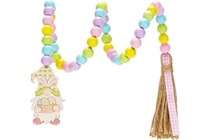 GCQQ Easter Wood Bead Garland with Tassels, 33" Macaron Wooden Bead Tassel Garland with Rabbit, Farmhouse Tray Decor Beads Tassel Garland for Easter, Birthday, Home Decoration