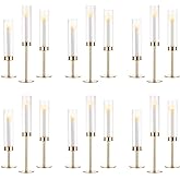 NUPTIO Gold Candlestick Holders Bulk: Set of 18 Glass Hurricane Taper Candle Holders - Decorative Candle Stick Stand for Fall Christmas Fireplace Dining Table Decor