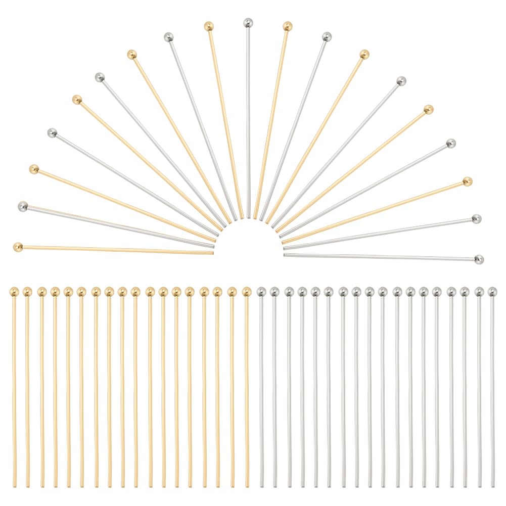 PH PandaHall 200pcs 40mm Ball Head Pins 304 Stainless Steel Filled Ball Pins Head Pin Straight Pins Jewellery Findings for Earring Pendant Making, Golden/Silver