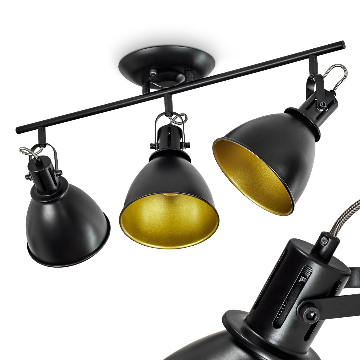 Koppom Ceiling Light, Metal Ceiling lamp in Black/Gold, 3-Flame, with Adjustable spotlights, 3 x E14 Socket, Retro/Vintage Design Spotlight, Without Bulb