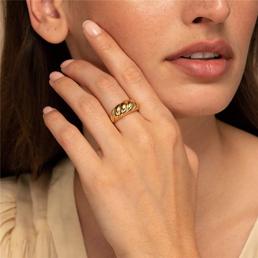 WFYOU 6PCS 18K Gold Plated Thick Dome Chunky Rings for Women Girls Braided Twisted Signet Chunky Gold Ring Set Minimalist Statement Ring Jewelry Size 5-9: Jewelry