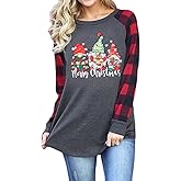 Womens Christmas Shirt Long Sleeve Crewneck Xmas Tee Tops Pliad Sleeve Holiday Outfits S-XXL