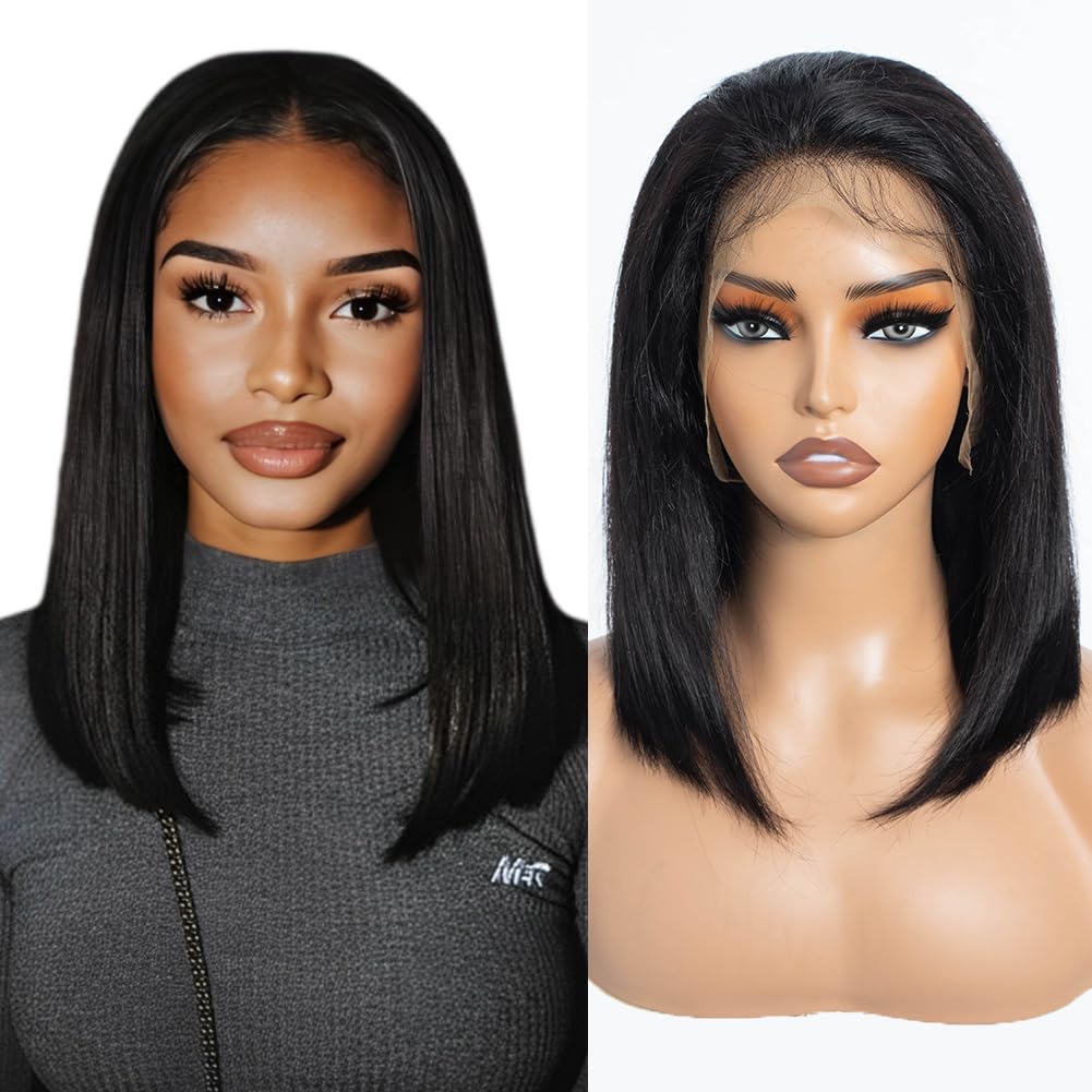 DÉBUT Straight Bob Wigs Human Hair 13X4 Lace Front Bob Wig Human Hair Pre Plucked with Baby Hair 180% Density Glueless Wigs for Women(14 Inches, Natuarl Black)