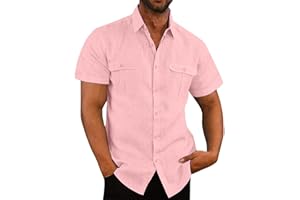JIEMUXIU Linen Shirts for Men Short Sleeve Button Down Shirts Casual Summer Beach Tops Stylish Dress Shirt with Pockets