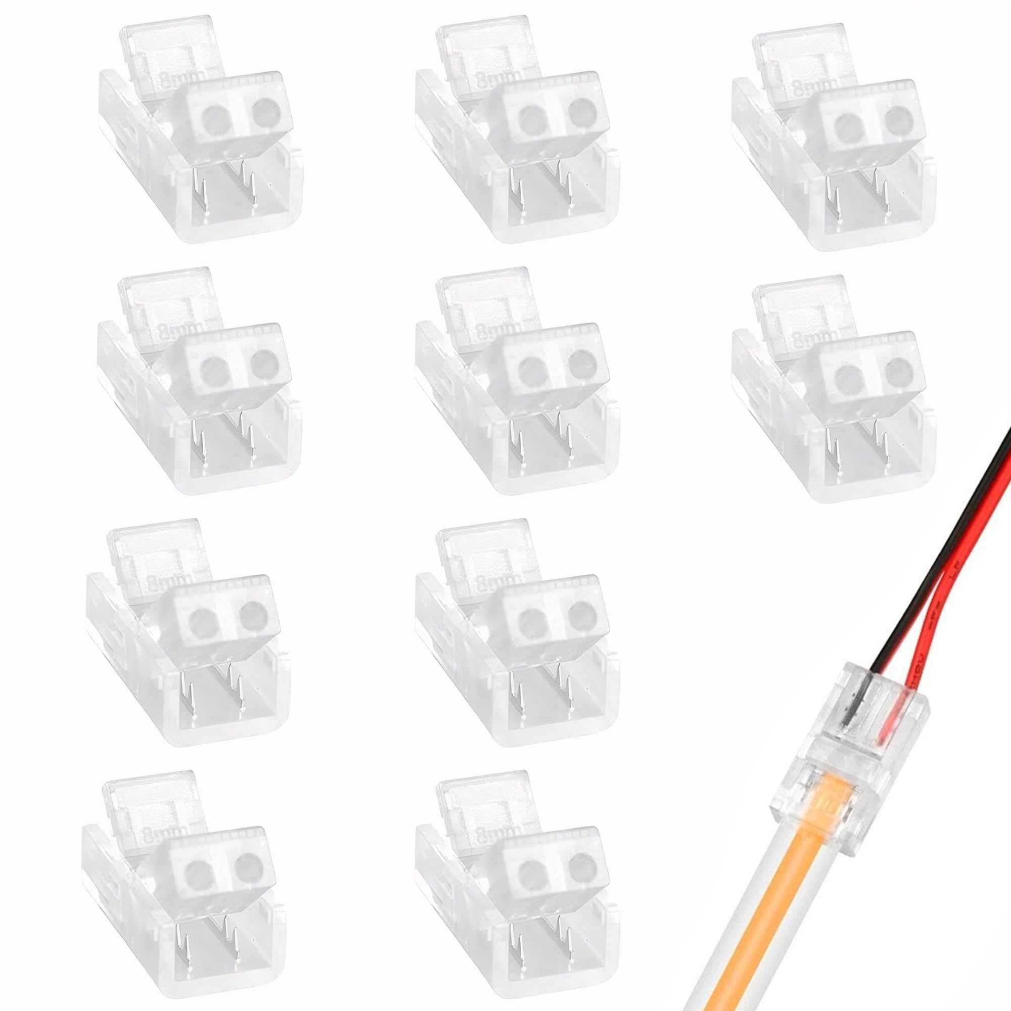 10pcs 2 Pin 8mm COB LED Strip Light Connectors - Transparent Gapless Solderless Strip to Wire Quick Connector Universal Extension Wire Connector Kits for High-Density Waterproof LED Strips