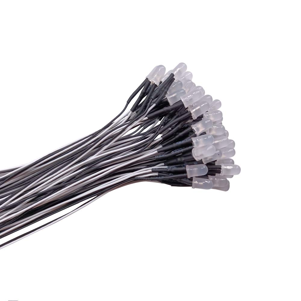 YIXISI 50 PCS 5mm LED Diodes Light with Diffused Colored Lens, Ultra Bright 12V 20cm Pre Wired, White