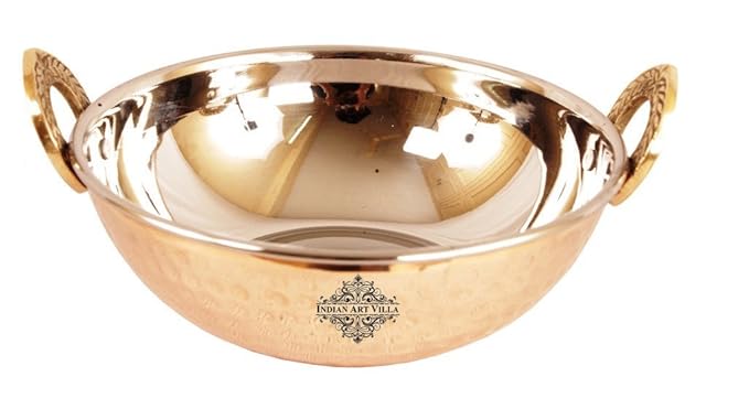 Indian Art Villa Hammered Steel Copper Kadhai Kadhai Wok Bowl, Serving Dishes, Tableware, 700 ML