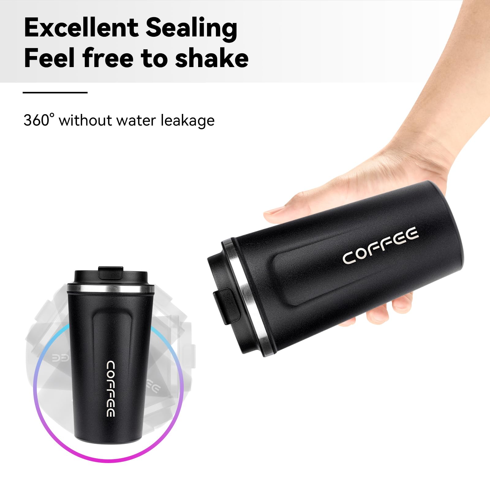 ERBO Kaffeebecher to go, Thermobecher Edelsthal, Auslaufsicher Kaffeetasse Kaffeebecher mit Deckel, Kaffeetasse Thermobecher für Unterwegs Umweltfreundlich, Schwarz 380ml 5