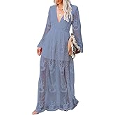 LRISES Womens V Neck Floral Embroidered Lace Wedding Maxi Dress Boho Short Sleeve Slit Bridesmaid Evening Party Dresses