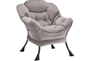 Congermom Fabric Lazy Chair Large Accent Chair,Velvet Frabic Modern Lounge Reading Chair with Armrests & Side Pocket,Upholstered Armchair for Living Room,Bedroom,Dorm,Light Grey
