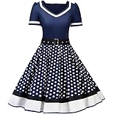 Women V Neck 50s 60s Vintage Cocktail Party Swing Dress Retro Polka Dots Pin Up 1950s Audrey Hepburn Rockabilly Prom Dress Contrast Color Block Short A-Line Wedding Formal Evening Dress Navy+White 3XL