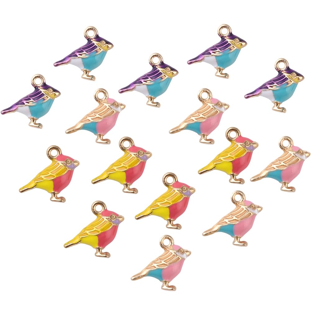 SUNNYCLUE 1 BOX 15Pcs 3 Colors Bird Charms Sparrow Shape 3D Animal Alloy Enamel Dangle Lucky Pendants Gold Plated for Jewelry Making DIY Necklace Bracelet Earring Supplies Accessories