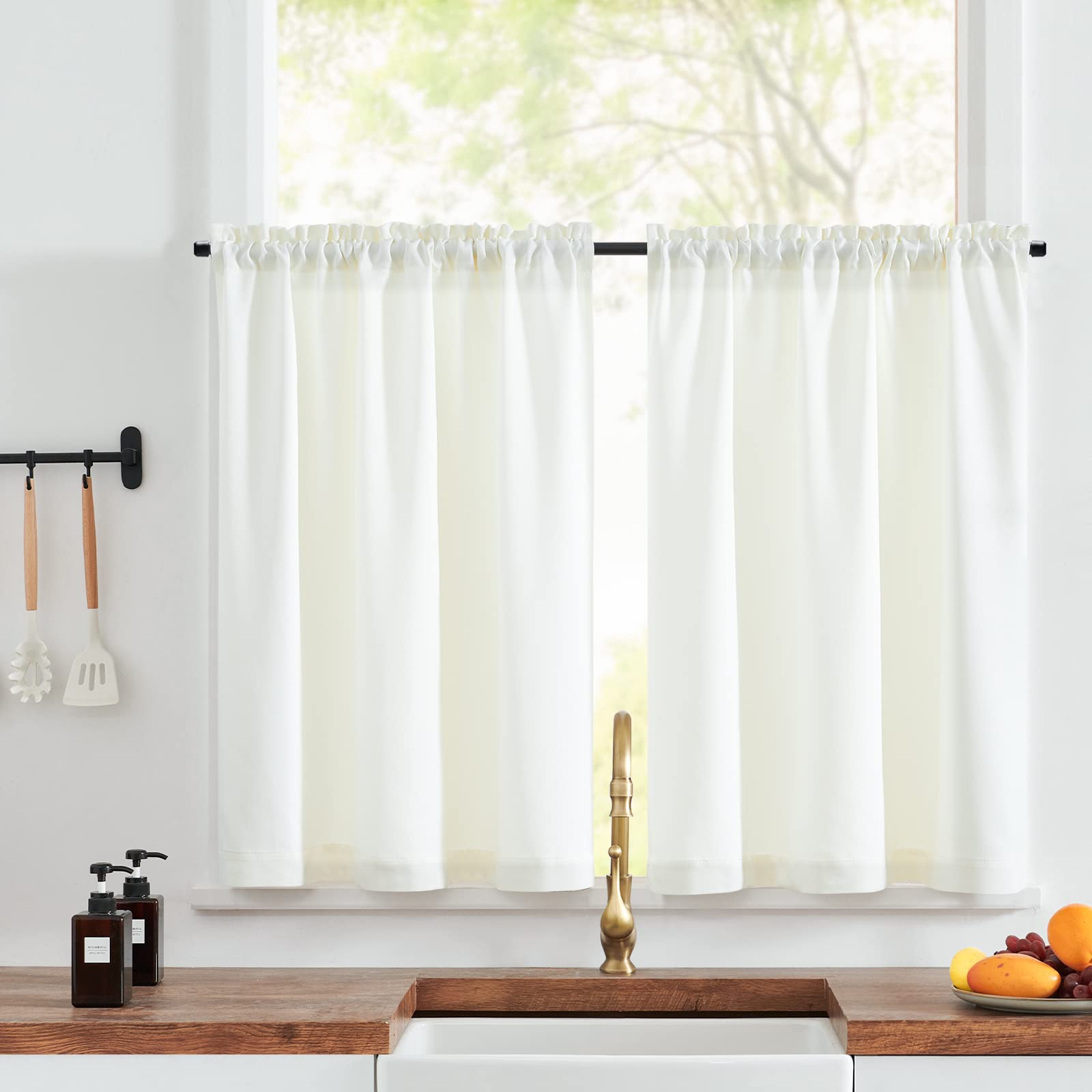 TOPICK Faux Linen Kitchen Curtains 24 Inch Drop Small Cafe Curtains Privacy Textured Curtain Tiers for Bathroom Sink Laundry Rod pocket 2 Panels Pale Yellow Ivory