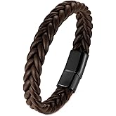 BIYONGDE Handmade Braided Leather Bracelet, Black Stainless Steel Clasp, Mens, Cool Classic Stylish