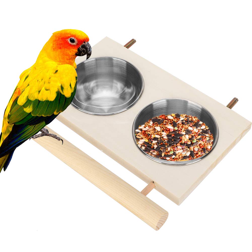 2 PCS Bird Feeding Dish Cups, Stainless Steel Bird Cage Feeder,Hanging Parrot Food Bowls with Wooden Platform for Parakeet Cockatiels Budgie Finches