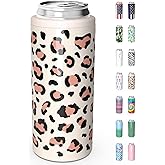 TILUCK Skinny Can Cooler for Slim Beer & Hard Seltzer, Stainless Steel, Doucle-Walled Stainless Steel Insulated Slim Cans, Standard 12 oz (Leopard Print)