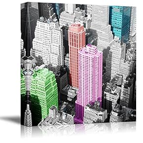 Black and White Photograph of The City with Pops of Color on The Buildings - Canvas Art Home Art - 12x12 inches