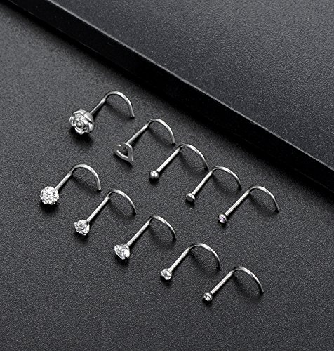 Tornito 20G 20Pcs Stainless Steel Nose Screw Studs Rings CZ Nose Ring Labret Nose Piercing Jewelry for Men Women (A1:20Pcs)