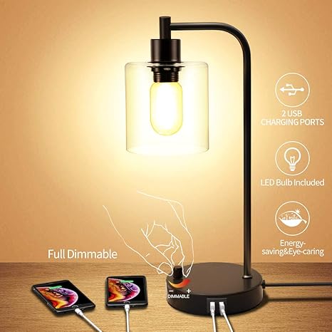Amazon Com Industrial Table Lamp Fully Dimmable Modern Nightstand Lamp With Dual Usb Port Glass Shade Table Lamps For Bedroom Living Room Office 6w 2700k Dimmable Led Edison Bulb Included Home Improvement