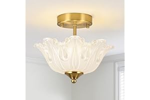 sunkryster Semi Flush Mount Ceiling Light, Gold Vintage Light fixtures with Floral White Glass Shade, Modern Close-to-Ceiling