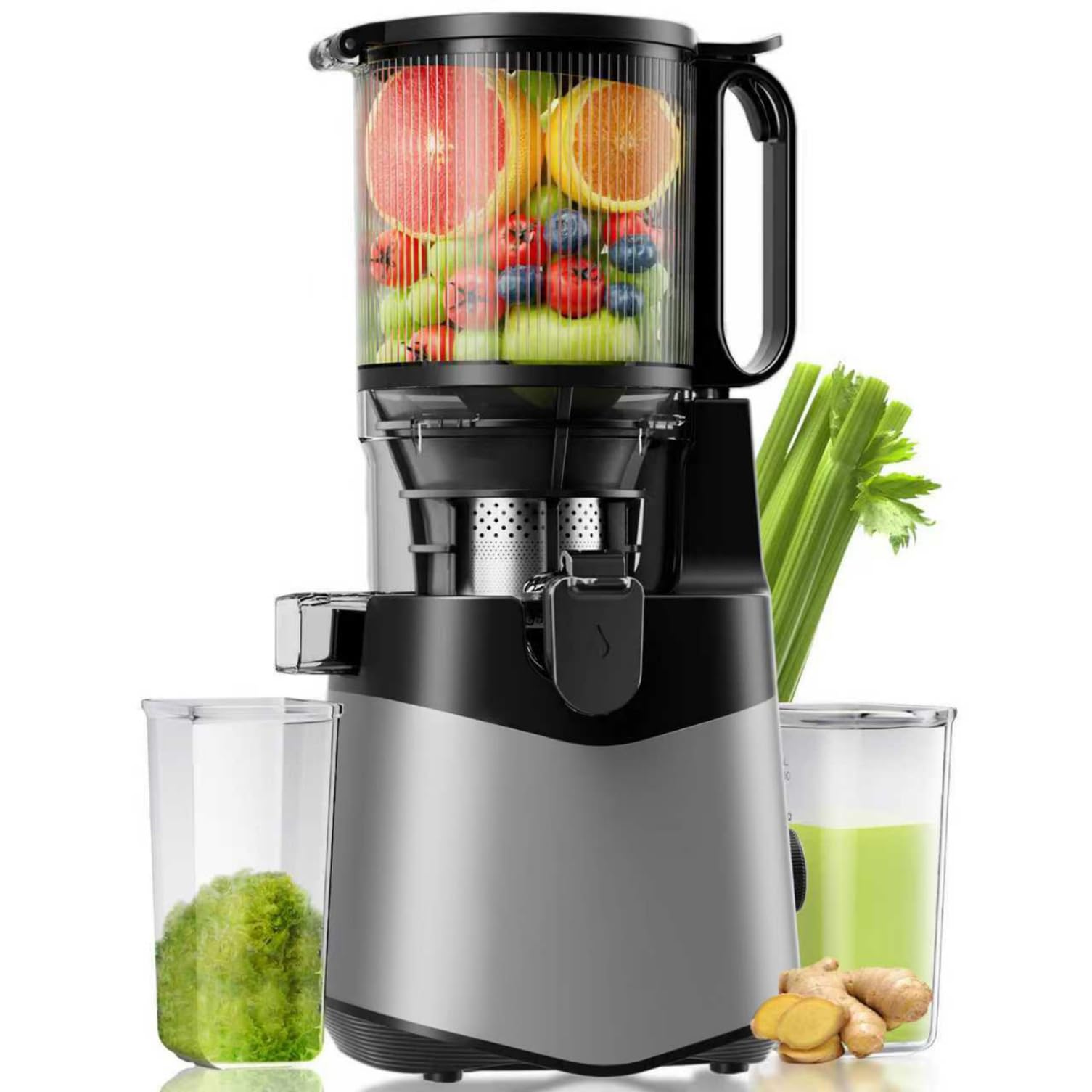 Photo 1 of EanOruus Cold Press Juicer, 5.8" Wide Feed Chute Juice Extractor Machine with 400W, High Juice Yield, Slow Masticating Juicer for Whole Vegetables & Fruits, Light Grey