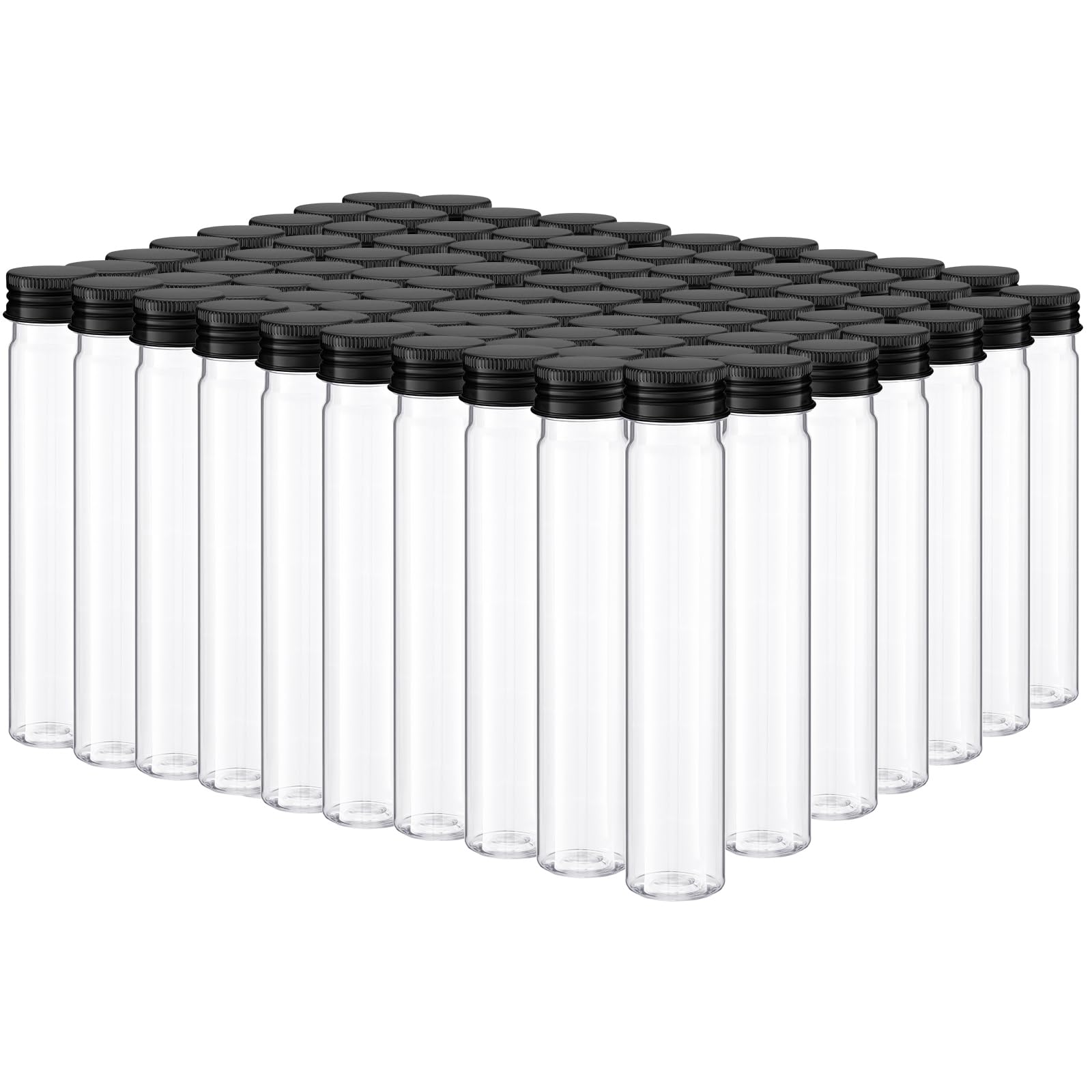 Photo 1 of Dandat 80 Pcs 65ml Clear Flat Plastic Test Tubes with Screw Caps, Plastic Containers Storage Tubes with Caps Test Lab for Sample Testing, Candy, Spices, Dried Flowers and Party Favors (Black)