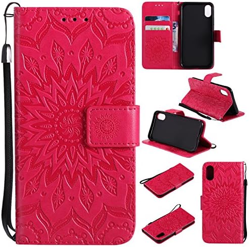 iPhone X Case Cover,SMYTU Premium Emboss Sunflower Flip Wallet Shell PU Leather Magnetic Cover Skin with Wrist Strap Case for iPhone X 5.8 inches (2017)(Red)
