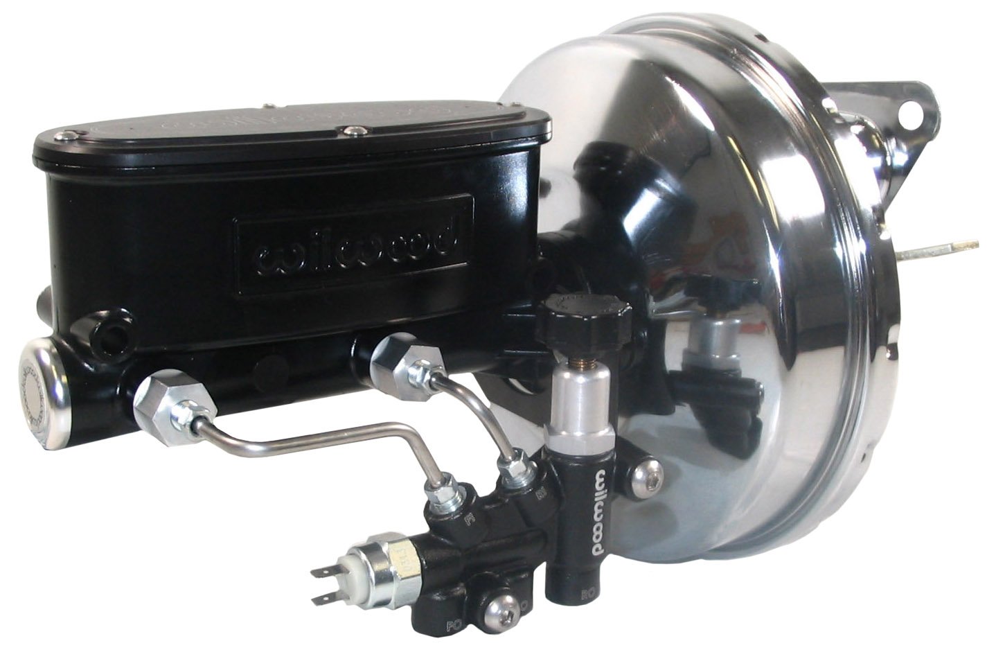 NEW CHROME POWER BRAKE BOOSTER & BLACK WILWOOD MASTER