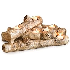 Topstone Remote Control Tealights with Timer,Battery Operated Flameless Candle with Flickering Amber Bulb,Electric Tea Light in Wave Open, Best for Holiday Decoration,Wedding,Pack of 12 Plow & Hearth Faux Wood Resin Logs Tea Lights Candle Holder, Birch