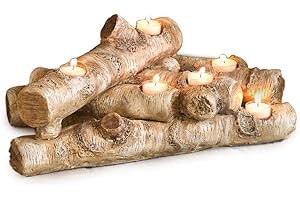 Plow & Hearth Faux Birch Wood Resin Logs Candle Holder for Fireplace | Romantic Ambiance Without Heat or Mess | Holds 8 Tea Lights| Realistic Sculpted Logs | 18" L x 10.5" W x 8" H (Birch)