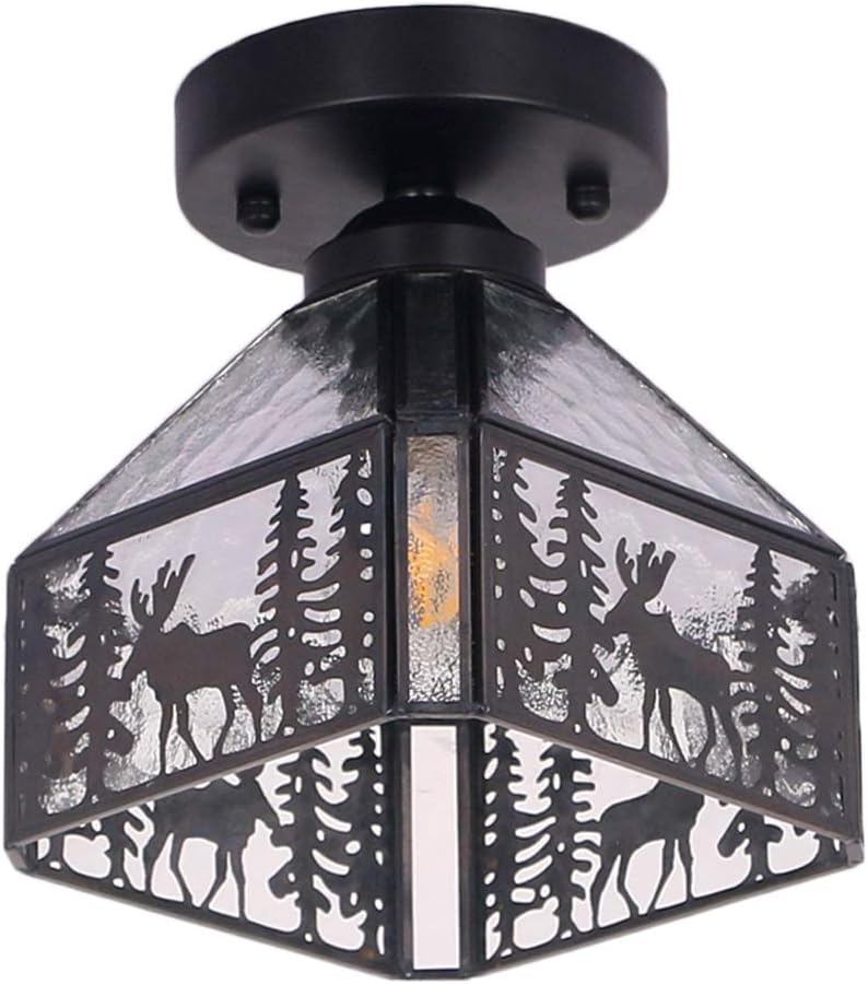 FUNME Copper Deer Ceiling Light with Stone Grain Glass Ceiling lamp Shade for Corridor Aisle Staircase Entrance, 8''(Black) - - 