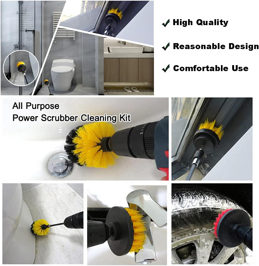 DLORY 4 Pieces Drill Brush Attachment Set for Household Cleaning Grout,Wheel,Tub,Shower,Tile with Various Types Brushes and Attachment(4,Yellow): Kitchen & Dining