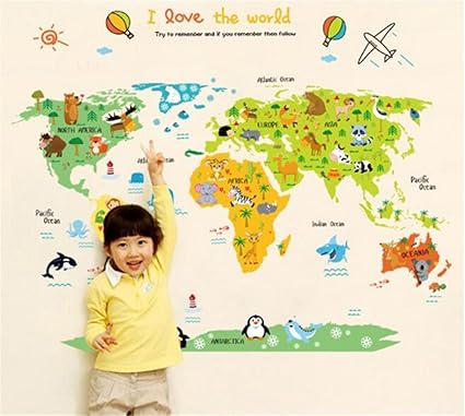ufengke-ws Vinyl Cartoon World Map Cute Animal Wall Decals (Multicolour, 60 x 90 cm)