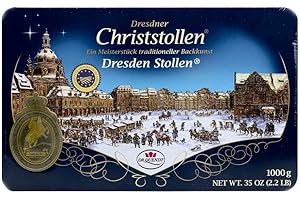 Dr. Quendt Christstollen Traditional Stollen Recipe with Heavy Yeast Dough with Butter, Rum Raisins, Cake is Densely Coated in Confection Sugar, Imported from Germany 1kg in Collectible Tin