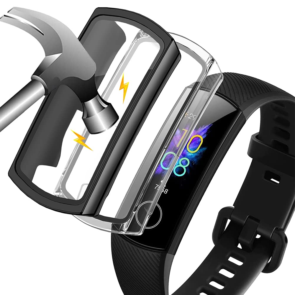 Akancy [Pack of 2] Hard Case Compatible with Honor Band 5 with Screen Protector, 9H Hardness Hard PC Tempered Glass Thin Case, Transparent Black