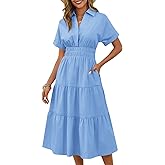 Wenrine Womens Summer Short Sleeve Maxi Dresses Casual V Neck Smocked Loose Tiered Flowy Shirt Dress with Pockets