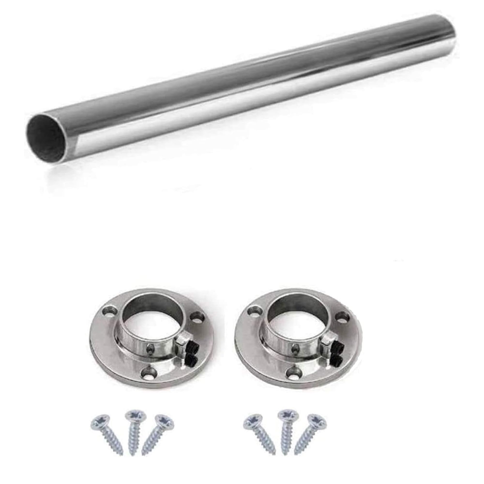 Round Rail 25mm Wardrobe Polished Chrome Hanging Tube Cut to Size + END SUPPORTS and SCREWS (1300mm (1.3m) ~51.2″)