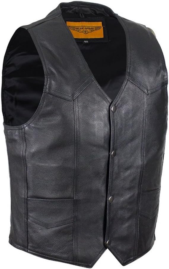 Mens Plain Black Leather Motorcycle Vest with Gun Pocket Solid Back