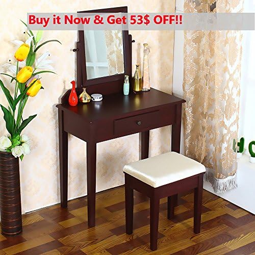 OSPI Wooden Vanity Makeup Dressing table with Square mirror &amp; Beige Stool 3 pieces, Espresso Finish (Cherry/Black) (Cherry)