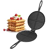 DVK Cast Iron Waffle Cookware Two Piece Hinged Non Electric Waffle Iron for Stovetop or Grill Makes Round Waffles Design Waffle Pan (8 IN)