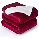 NANPIPER Bed Blanket Reversible Sherpa Flannel Blanket Super Soft Fuzzy Plush Fleece Microfiber (90"x90" Wine Red) Queen