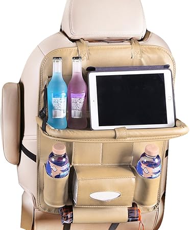 Amazon Lovestory 車用収納ポケット シートバックポケット Puレザー 車内 テーブル 多機能収納 ホルダー レザー製折りたたみ テーブル後部座席子供用 ティッシュ入れ パソコン 水筒 Ipad収納ポケット ベージュ 1個 テーブル ポケット ケース カバー 車 バイク