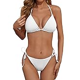Zuvebamyo Women's Two Piece Bikini Swimsuit Sexy Ribbed Triangle Top Bathing Suits String Cheeky Bikini Sets