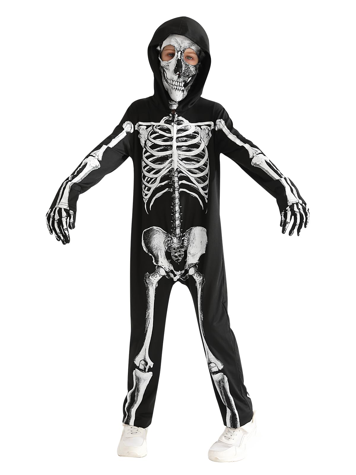 Kids Halloween Skeleton Jumpsuits Scary Costumes for Boys Girls Halloween Hooded One-piece Skeleton Costume Halloween Fancy Dress with Mask Gloves
