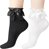 loghohu 2 Packs Lace Ruffle Frilly Ankle Socks for Women, Ruffle Socks Woman Soft Comfortable Lolita Princess Lace Sock for Women or Girls (White + Black)