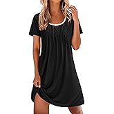 Ekouaer Nightgowns for Women Pleated Sleep Shirts Short Sleeve Night Shirts Lace Trim Night Gown Ladies Sleep Dress