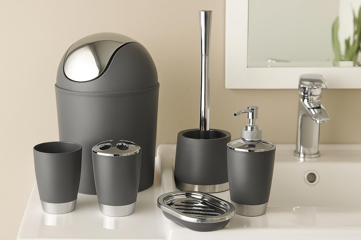 Bathlux Modern Design 6 Piece Bathroom Accessory Set, Toilet Brush, Waste Bin, Soap Dish, Tooth Brush Holder Soap Dispenser, Rinse Cup (Grey)